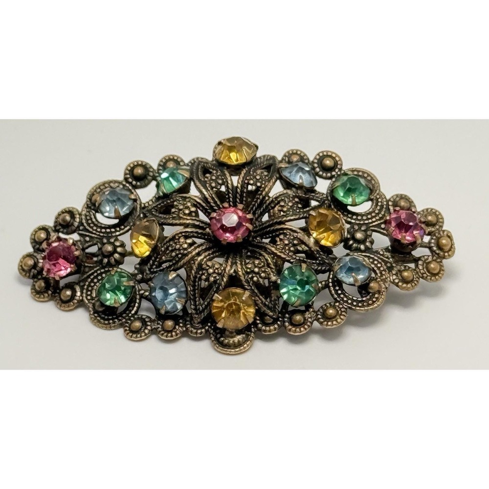 Antique Filigree Floral Brooch • Multi‑Color Glass Stones • Brass Tone